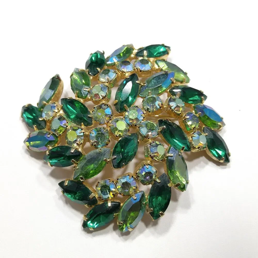 Green Aurora Borealis Rhinestone Brooch, Gold Plated, 1960s Vintage Jewelry